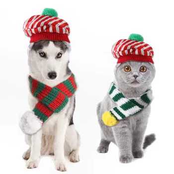 Božićno šešir i šal, komplet za pse, mačke, crveni šešir sa zelenim помпоном, kostim za Noć vještica, cosplay, odjeća za male pse, mačke, proizvode za kućne ljubimce