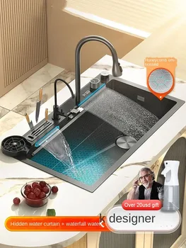 Sevsix Digitalni umivaonik s vodopadom fly rain reljefni inox nano 304, veliki sudoper s jednim umivaonikom, crna umivaonik