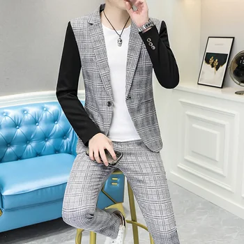 Novost (sportska jakna + hlače), muški modni business casual korejski verzija, elegantan muški kostim iz 2 predmeta u kavez u britanskom stilu