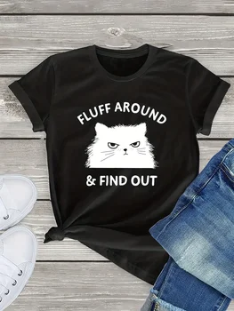 Majica sa po cijeloj površini, mačka i slova, svakodnevni jednostavna majica okruglog izreza i kratkih rukava, ženska odjeća