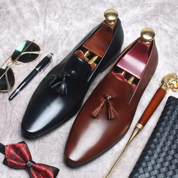 Nove muške modeliranje cipele, Лоферы s кисточками, oštar čarapa, obojen u crno-smeđe boje, Casual obuća za muškarce, Službeni оксфордские cipele od prirodne kože