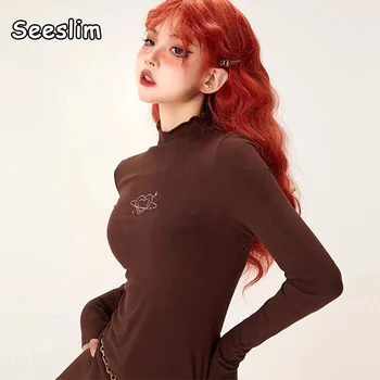 Seeslim Hotsweet Love Heart T-Shirt Ženska Odjeća Dugih Rukava Korejski Moda Tanka Водолазка Smeđa Grunge Estetski Majice Y2k