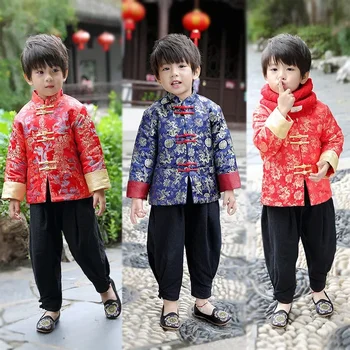 Tradicionalna odjeća za djecu na kineska Nova godina, praznik retro-odijelo Golden Dragon Tang, satiny top i hlače s po cijeloj površini, kit
