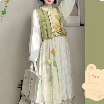 Originalni Hanfu suknja 3pcs drevna kineska kostim Žene tradicionalni štand ovratnik košulja pletene džemper, prsluk elegantni cvjetni suknja