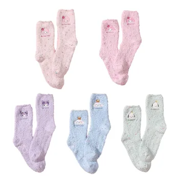 Pliš Kućni Čarape s Uzorkom Anime Kuromi Pochacco Cinnamoroll, Slatka Tople Debele Čarape Za Spavanje s Vezom za Djevojčice
