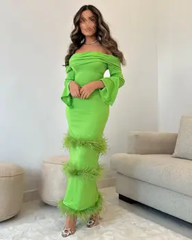 Svijetlo zelena haljina Sirena za prom, Saudijska Arabija, Ženska odjeća s perjem, Večernje haljine svojim gležnjeva, haljine s dugim rukavima, Vestidos De