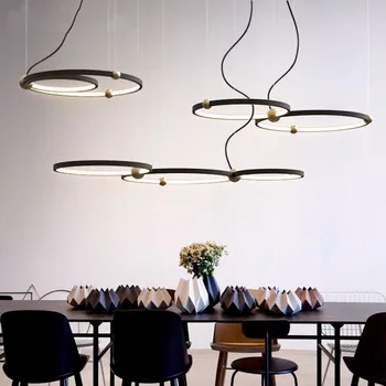 Crna kreativno moderna led luster u skandinavskom stilu, Blagovaona, dnevni boravak, Okrugli prsten za Vješanje lampe, Kuhinja, restoran, Kućna žarulja