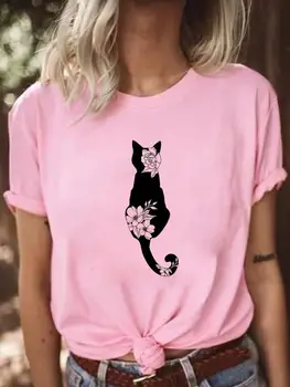 Svakodnevni cvjetni mačka Prekrasan trend, slatka majica kratkih rukava, odjeću, grafički t-shirt, Ženska moda, Ženske majice po cijeloj površini s