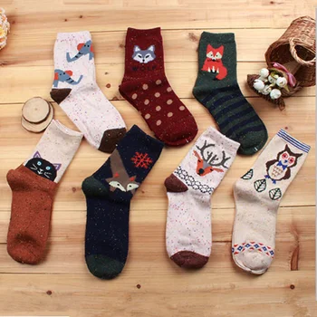 3 para drago debele ženske zimske čarape za posade s crtani životinjama, vunom lisica, slon, sove, mačke, ovce, toplo udoban Božićni poklon, crvena Kawai