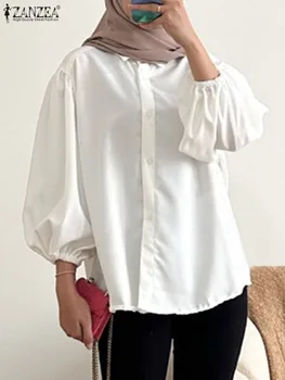 2023 ZANZEA Elegantan Monotono Muslimanska Bluza Ženska Elegantna Večernja ženska košulja Sa Zelenim Rukavima I Igle Blusas Jesenski Casual Košulja Eid Mubarek