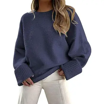 Ženski pulover okruglog izreza, topli pulover, ugodna vanjska odjeća, pletene džemper slobodnog rezanja s završiti u ožiljak za žene za jesen
