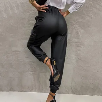 Ženske jesensko-zimske duge hlače-teretni s visokim strukom personalizirane ulični trendovi, Dizajn vašeg džepa, hlače od umjetne kože s manžetama