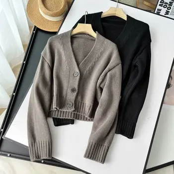 CO Ženski modni dvije kratki kardigan na zakopčane 2023, džemper, donje kaput u retro stilu s dugim rukavima i V-izrez, šik top