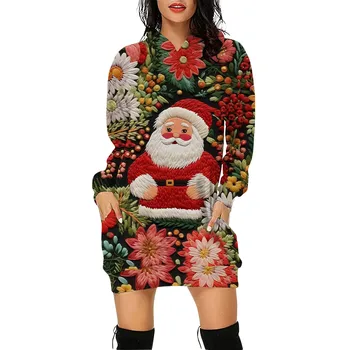 Božićno donje haljinu s kapuljačom s crtani 3D ispisa i džep, veste s kapuljačom, haljine izravnog приталенного rezanja, svečana odjeća
