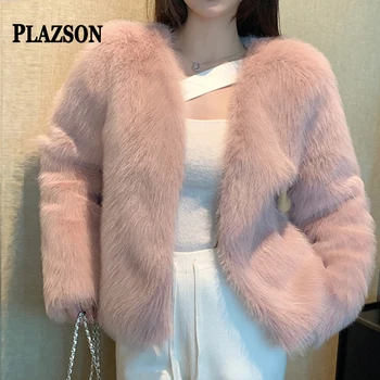 PLAZSON Solid Promašaj Fox Fur Coat Women New Winter Feather Cardigan Outercoat Elegant Party Club Fur Jacket kaput umjetno krzno