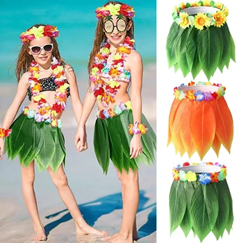 Havajski suknja s umjetnim tropskim listovima i cvjetovima, plesne suknje Hula Boho Za zurke, Dječje suknja od Havajske Bilje za odrasle, Odijelo za odmor na plaži
