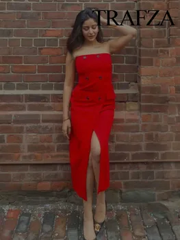 Elegantan ženski večernja haljina s džepovima TRAFZA, приталенная suknja midi, crvena haljina, moderan donje haljina bez rukava s otvorenim ramenima