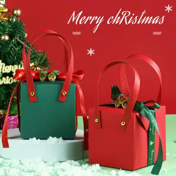 Klasična crvena Božićni poklon kutija s ručkom Luk trakom i колокольчиком Papir punjenje Literalni print Кубическая poklon pakiranja Poklon kutija