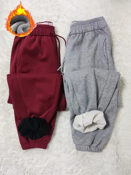 Trendy ženske hlače od runo, zimske tople tajice s elastičan struk, debele čvrste crveno-sive hlače, Sportska odjeća, svakodnevne sportske hlače