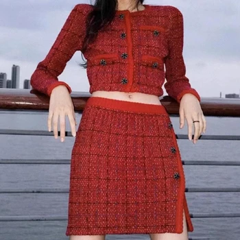 Elegantan ženski komplet crvenih твидовых suknje, svakodnevno вязаное kaput s okruglog izreza i dugih rukava, Proljeće 2023, Starinski odijelo s suknja s visokim strukom za žene