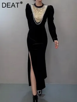 Elegantan haljinu sa biserima, lanci, šljokice, Crni baršun, Donje večernja haljina s prorezom dugi rukav, Proljeće 2024, Nova moda 13DB4373