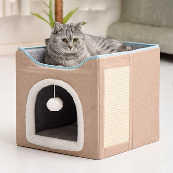 Mačji krevet za kućne mačke - Velika mačja špilja za kućnog ljubimca mačka kućica s spuštenog loptom i когтеточкой, sklopivi, koje se mogu oprati za mačke