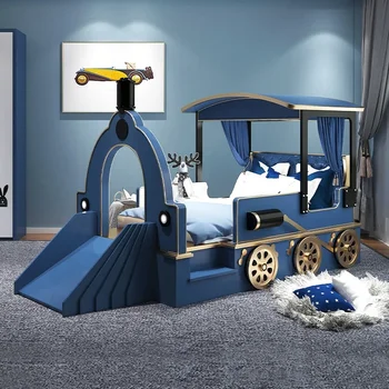 Luksuzni namještaj kompleti za dječje spavaće sobe, imitacija bračnim krevetima, modeliranje vozila i dizajn slajdova, dječji krevet od punog drveta plavo za dječaka