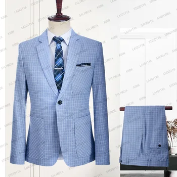 2023 Nove muške ljetne svakodnevnih poslovnih odijela plavo-bijele boje Reto Classic u kavez, приталенный popularan vjenčanje smoking, komplet od 2 predmeta, jakna i hlače