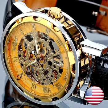 2020 Pobjednik, Luksuzne Marke Mens, Crni kožni remen, gospodo sat sa скелетом od nehrđajućeg čelika, zlatne Mehanički ručni sat AA
