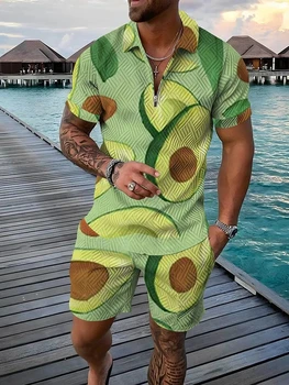 Godišnji muški komplet polo 3D ispis tropskog voća, setove polo s igle na munje, ovratnik na munje + kratke hlače, setove iz 2 predmeta, muška odjeća u svečanom stilu.