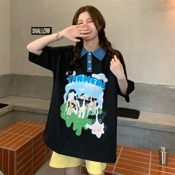 Ženska Korejski t-Shirt Harajuku u Retro stilu S Cartoonish po cijeloj površini Krave, Free t-Shirt, Ženske majice, Majice, Japanski Кавайная Odjeća Ulzzang Za Žene