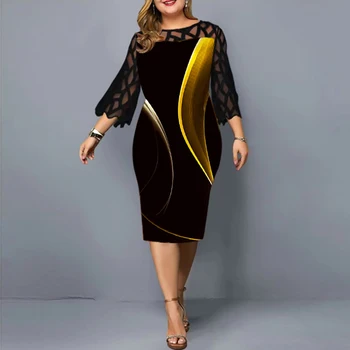 Plus veličina, modna ženska suknja-olovka na digitalni tisak, čipke rukava 9/4, ukrasni narukvica s okruglog izreza, maksi haljina