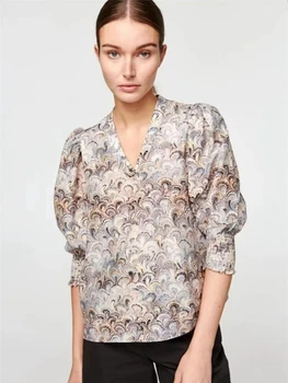 Proljeće novo 2023, ženska košulja po cijeloj površini Павлиньего rep u retro stilu, s bujnim rukava, V-oblika dekoltea, svila pamuk top kratkih rukava