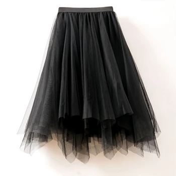 Asimetrična suknja s visokim strukom, nabora, nadvoji suknja-bala, čipka suknja Midi za žene, crna suknja Midi, ženske čipke i suknje