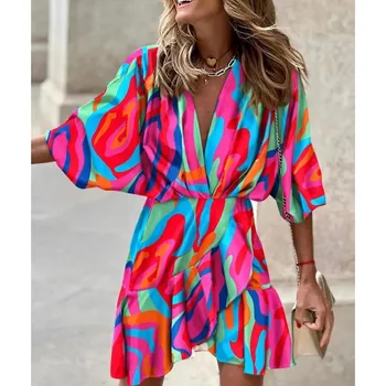 Ljeto 2023 Ženska moda Mini-haljina-košulja s V-izrez i cvjetnim ispis i rukavima-доломанами trapeznog oblika, moderan ženski Slobodna Ženska odjeća čipka-up