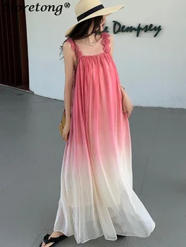 Horetong Rose градиентное haljinu na подтяжках za žene, ljeto slobodan сарафан bez rukava s cvjetnim uzorkom, elegantne duge haljine za odmor na plaži