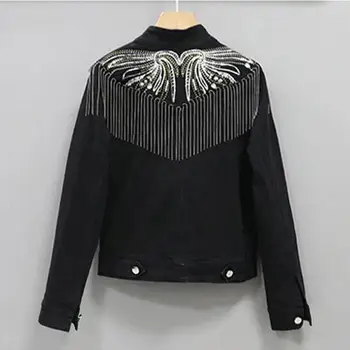 Nova ženska traper jakna 2023, proljeće-jesen trendy ženske jakne I kapute, kratka crna odjeća s кисточками i šljokicama