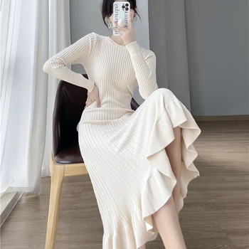Ženski pletene duga haljina Jesen Zima 2023 elegantne nabrane a-Line midi haljina ženski o-izrez svakodnevne ženske rebraste Maxi haljinu