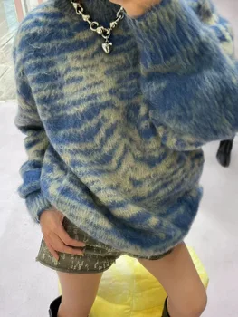 Univerzalni ženski slobodan pulover okruglog izreza i dugi rukav 2023, Novi ženski мохеровый džemper kontrastne boje u retro stilu, jesen-zima