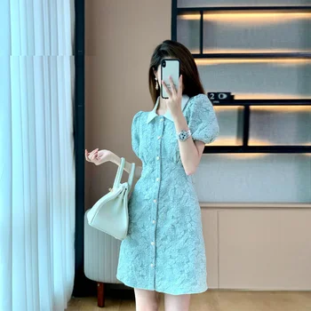 Midi-haljina s ovratnikom-polo 2022, nova Francuska haljina premium klase s 3D ispis, s rukava-mjehura, Elegantan dizajn, svakodnevno Korejski Japanski haljina