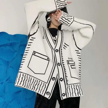 Kardigan s ispis 2D linije, udoban pletene džemper dugih rukava i V-izrez, jakna je na zakopčane, jesensko-zimski slatka odijelo