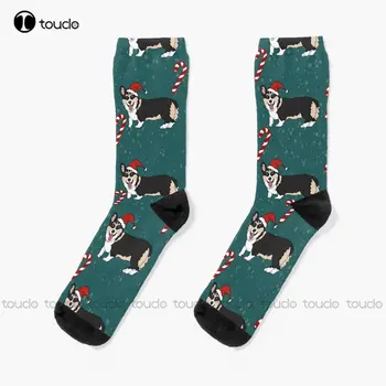 Božićni Santa Corgi -Zeleni Pas Psi Štenci Čarape za trčanje Čarape na digitalni tisak 360 °, Poklon Uličnu odjeću po Mjeri, Zabavne Čarape u stilu Art