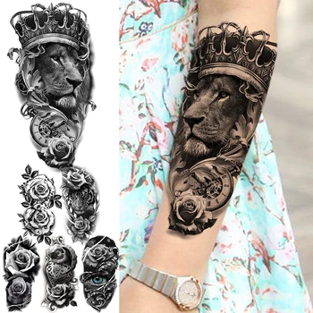 Velike privremene tetovaže Krune na podlaktici Kralja Lava s cvijetom kompasa Za žene, muškarce, Lažna tetovaža Tigar, vodootporan naljepnica za tetovaže