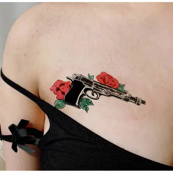 Privremena Tetovaža Crvena Ruža Je Cvijet Pištolj Naljepnica Lažne Tetovaže Ruka Vodootporan Art Tattoo Festival Tetovaža Pribor Hotwife Žene