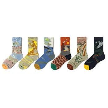 Muške i ženske Pamučne Čarape srednje dužine, modne Čarape s osobnim uzorkom ulja u retro stilu, 3 Para