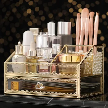 Kutija za pohranu kozmetike iz zlatnog stakla, Organizator za šminku, Parfem, alati za šminku u kupaonici, kutija za ватных diskova, Stalak za nakit