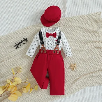 Božićni outfit za novorođenog dječaka, kombinezon s kravatom-leptir dugi rukav grašak, hlače i kapa, jesen odjeću za novorođenčad