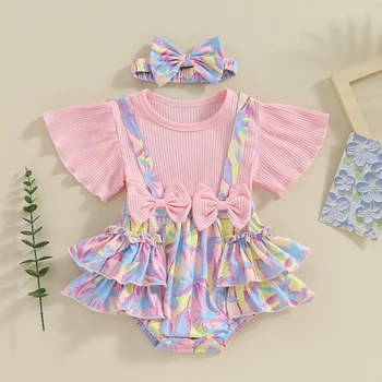 Savršen outfit za novorođene djevojčice, haljina-kombinezon trapeznog oblika sa po cijeloj površini u obliku stabla i dressing na glavu s lukom, haljina princeze